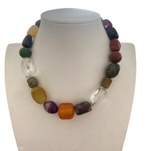 Single Strand Multicolor Multi Gemstone Necklace Natural Tumbled stones sterling